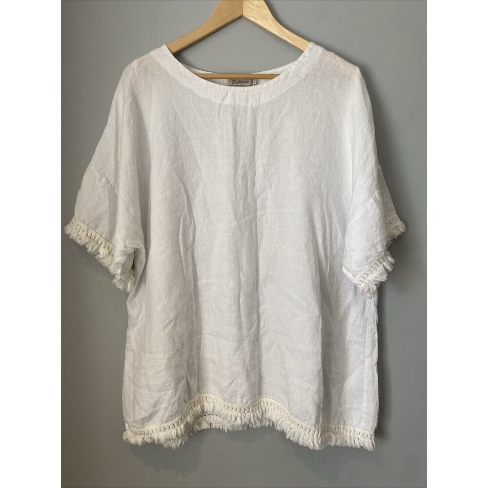 Zelante Italian Linen Tunic Blouse Women's Plus 2X Tasseled Minimal Lagenlook